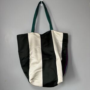 Stunning Taroni Italian Silk Multicolor/ B&W Striped Bucket Tote Bag 100% Silk